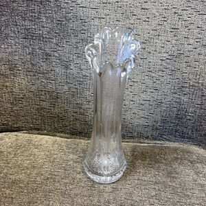Small Early American Press Glass Clear Etch Pattern Swung Vase with Star Base